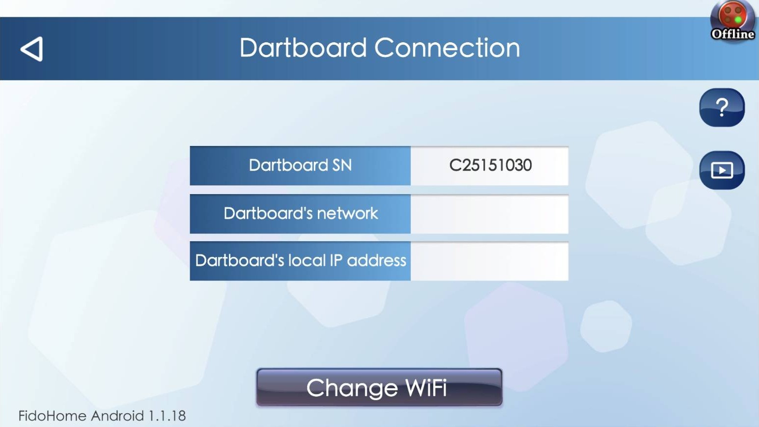 Reference screen for: Open the dart machine Wi-Fi settings