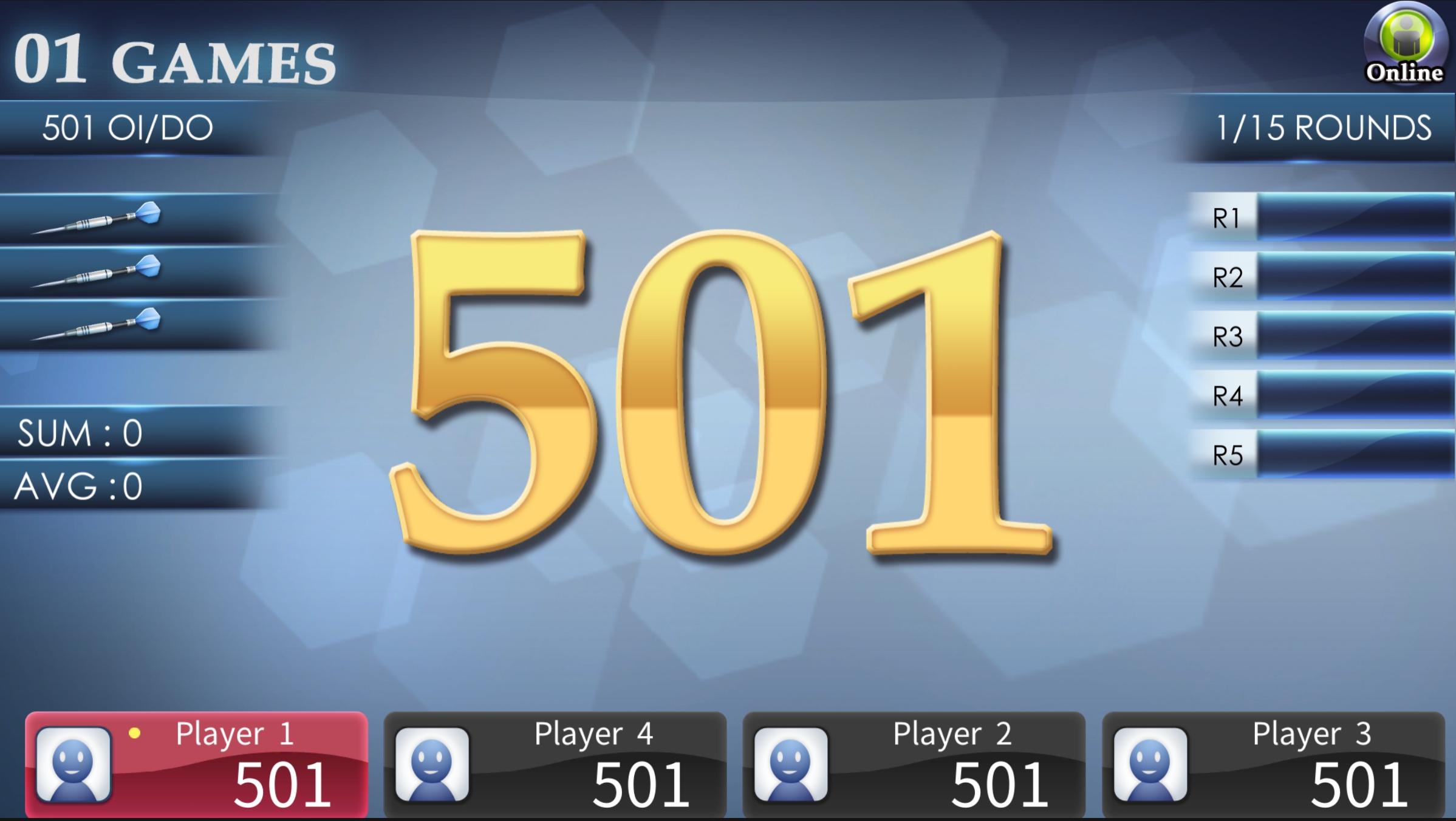 FidoDarts 01 Game Bildschirm mit Spielerpunkten und 501-Countdown