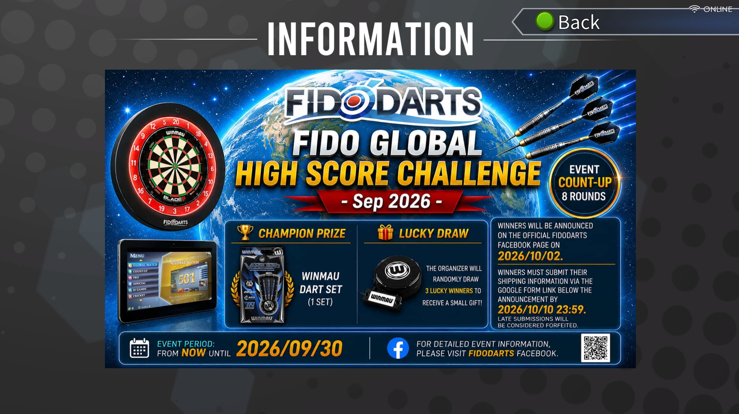 FidoDarts Event CountUp Informationsbildschirm für Qualifier