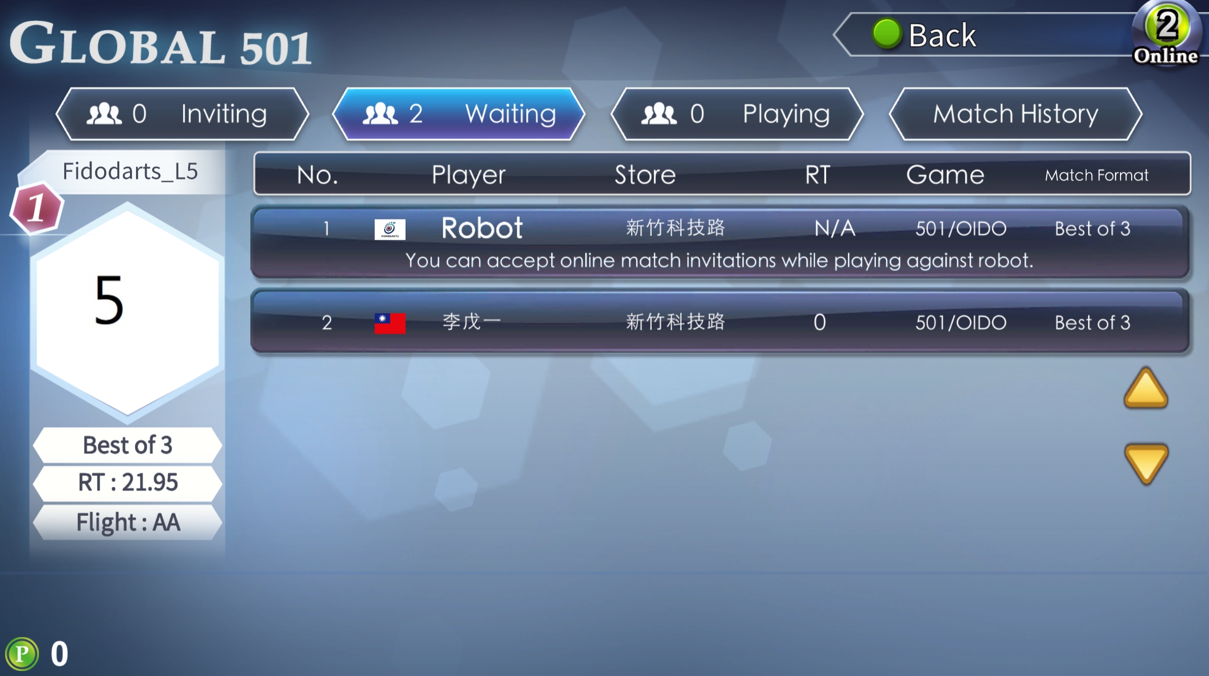 FidoDarts GLOBALMATCH Lobby mit anderen Spielern