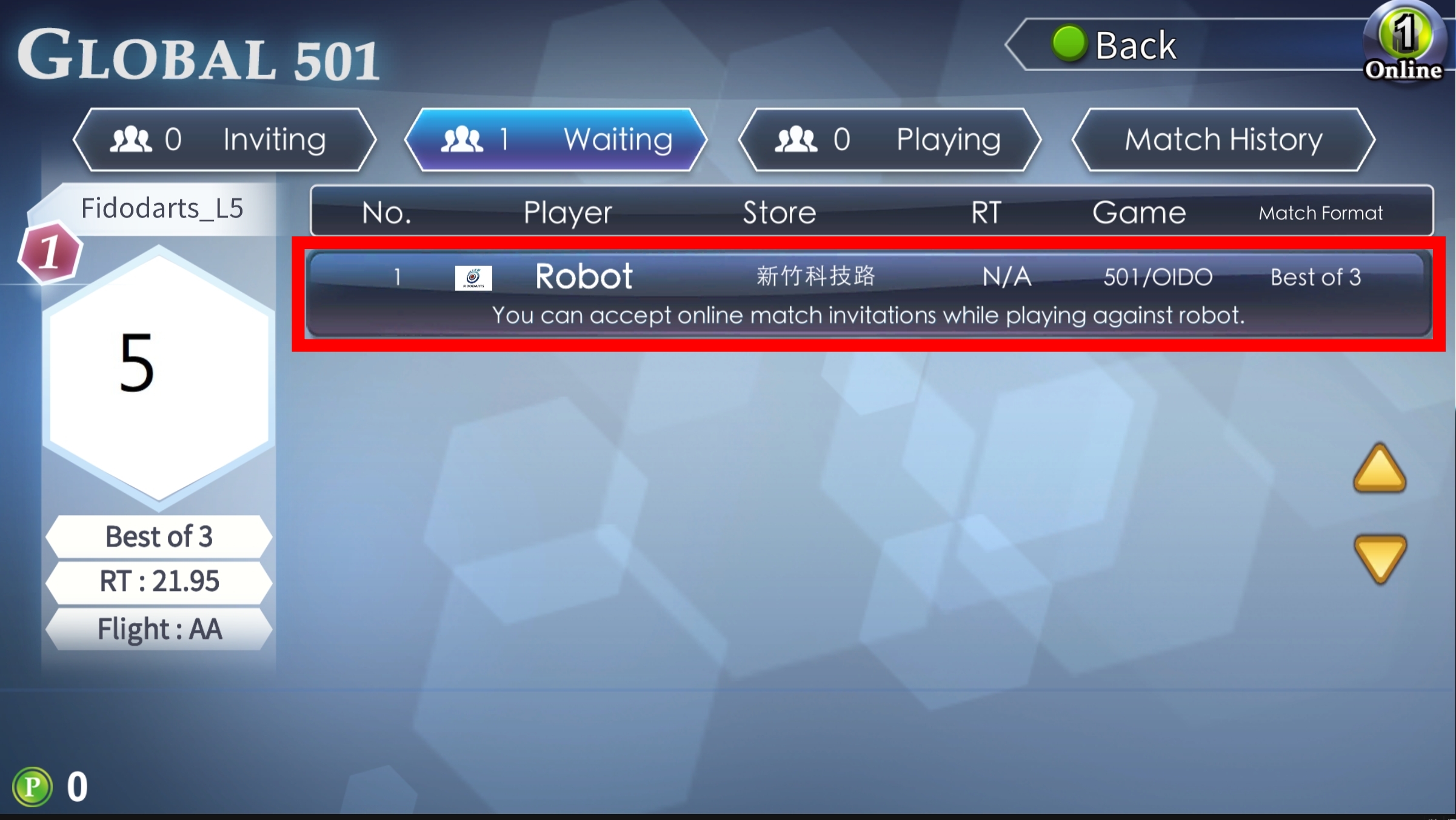 Hervorgehobene KI-Match-Option in der FidoDarts GLOBALMATCH Lobby