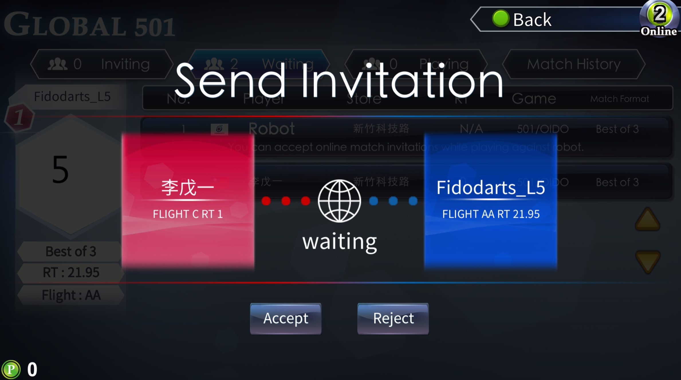 FidoDarts GLOBALMATCH Bildschirm mit empfangener Match-Einladung