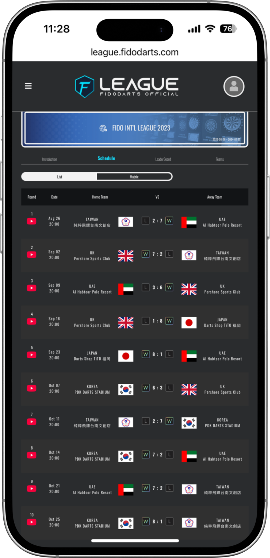 FidoDarts App Liga-Spielplan