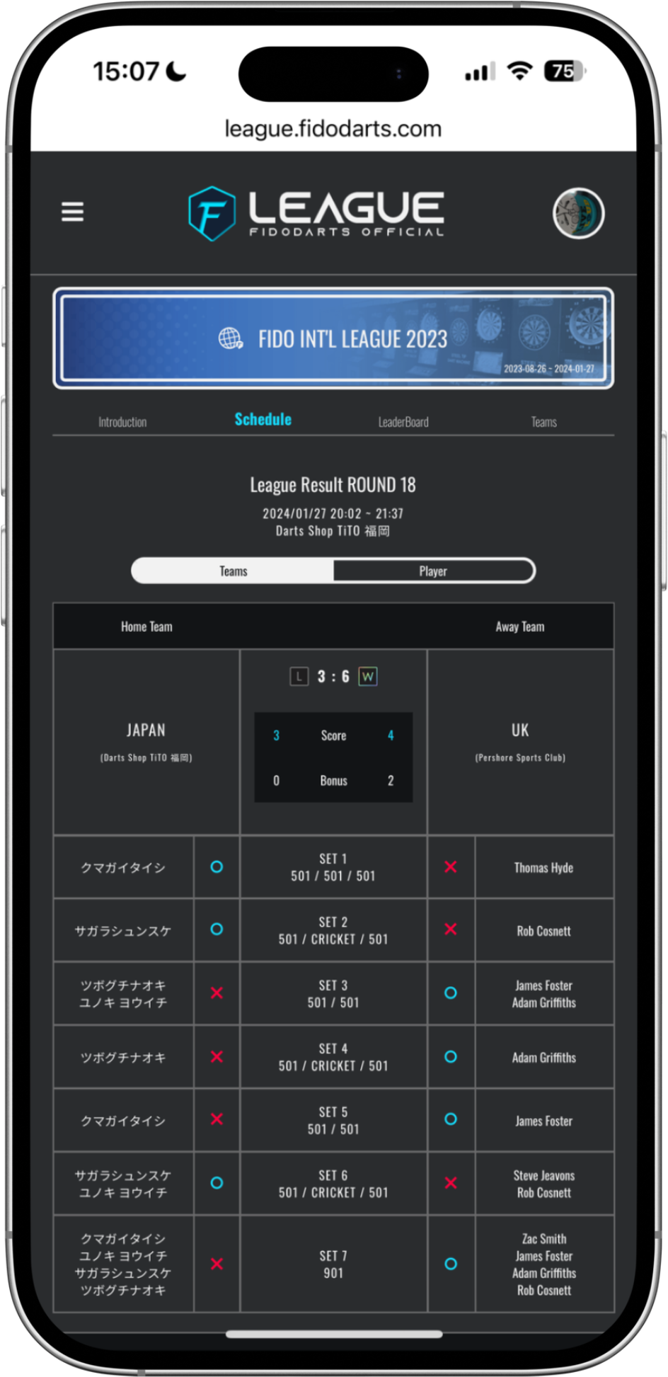 FidoDarts App Liga-Spielergebnis
